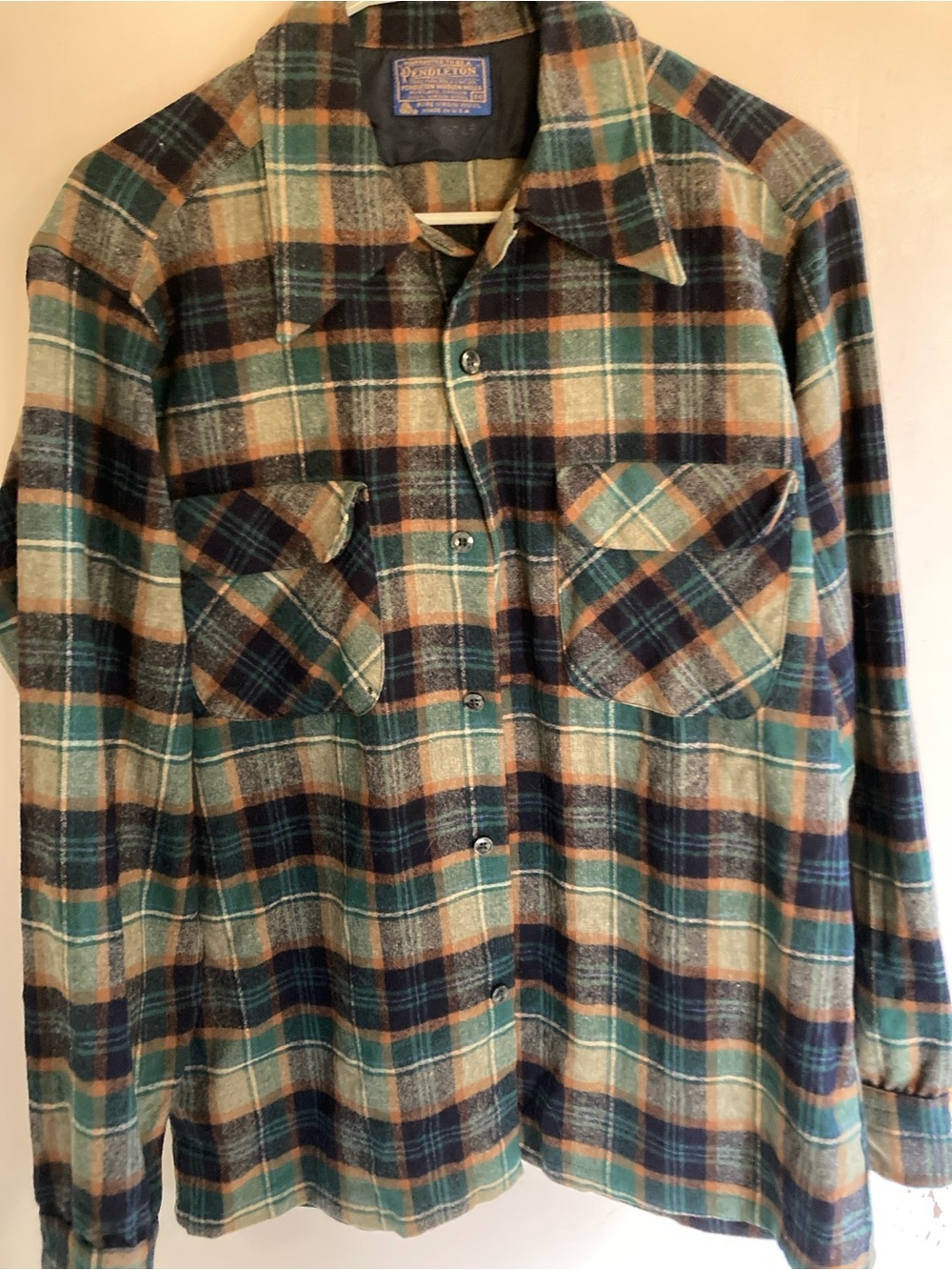 Vintage 100% Wool Pendleton Green Navy Tan Plaid Shirt USA